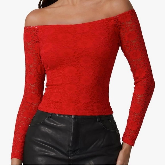 Tops - Red Lace Off The Shoulder Long Sleeve Top